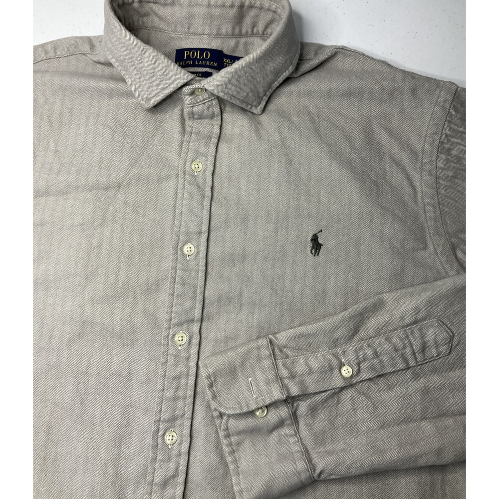 Polo Ralph Lauren Flannel Shirt Mens 2XL Slim Fit Gray Herringbone Button‎ Down